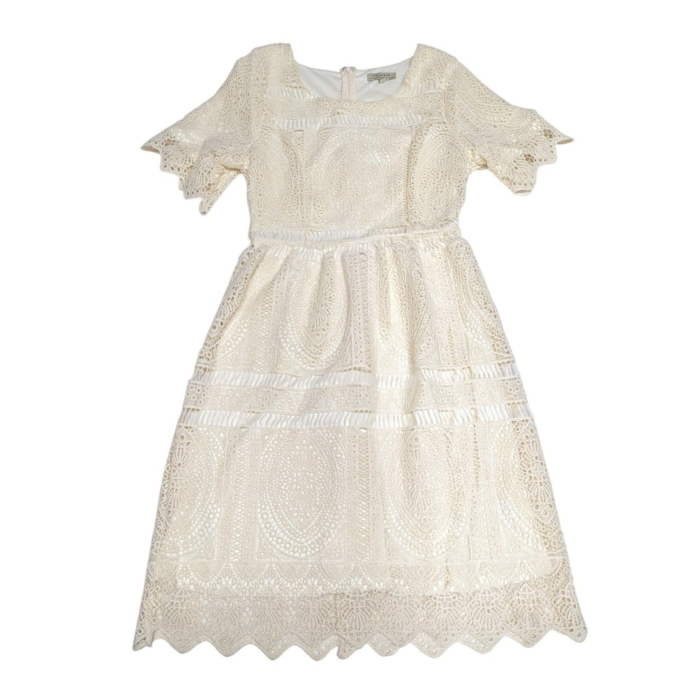 Polagram Cream Lace Crochet Midi Dress‎ Short Flutter Sleeve PSD1508 Small
